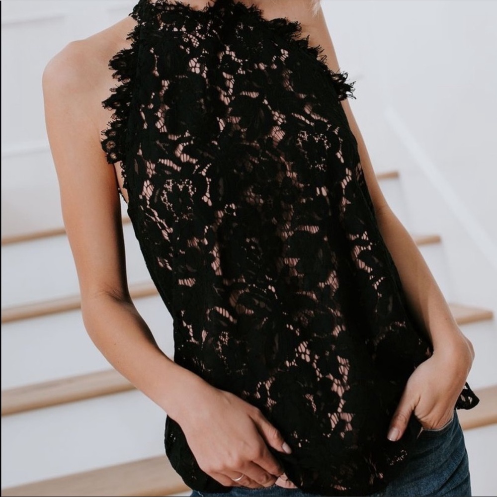 Sugar + Lips High Neck Lace Sleeveless Top Black NWT